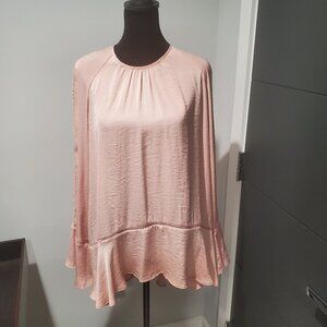 Mossimo Light Pink Ruffled Peplum Asymmetrical Blouse with Long Bell Sleeves XXL